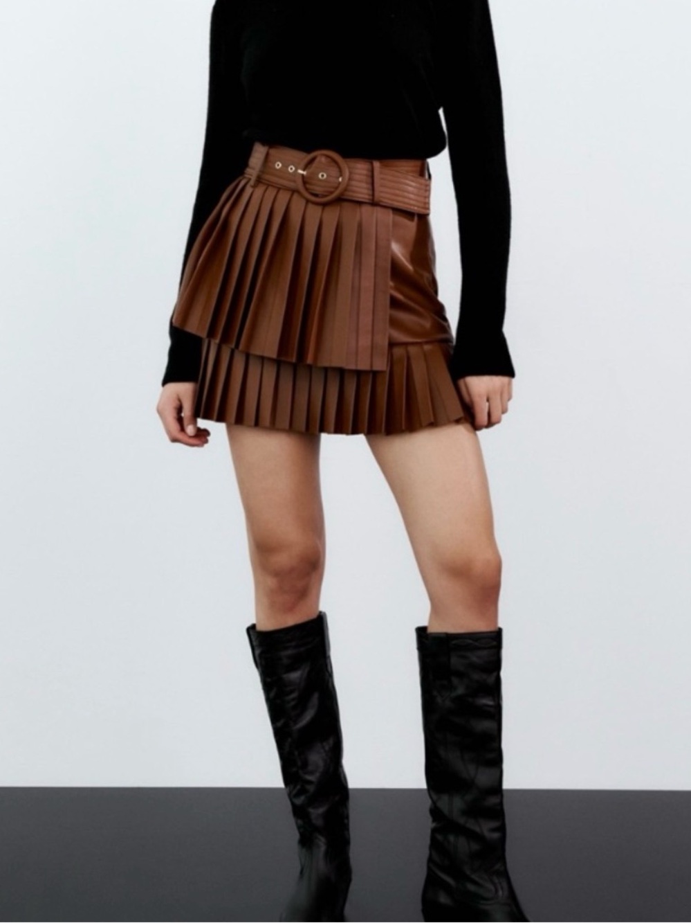 Zara Chocolate Brown Faux Leather Asymmetrical Belted Mini Skirt Pleated Size M